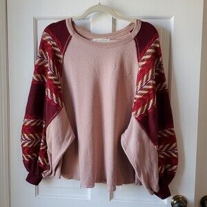 FREE PEOPLE RAINBOW DREAMS COTTON WAFFLE THERMAL KNIT SMALL PINK RED BOHEMIAN